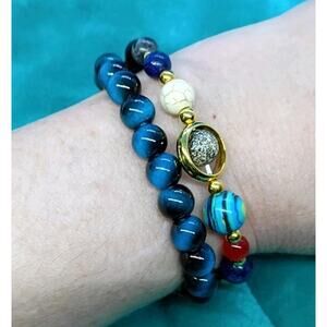 Boho Resin Faux Stone Blue Tiger Eye, Agate, Back Bead Bracelets Lot Of 2